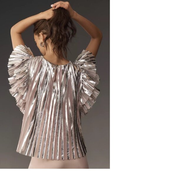 By Anthropologie Flutter-Sleeve Foil Pleated size M pink new with tag nwt - Picture 2 of 7